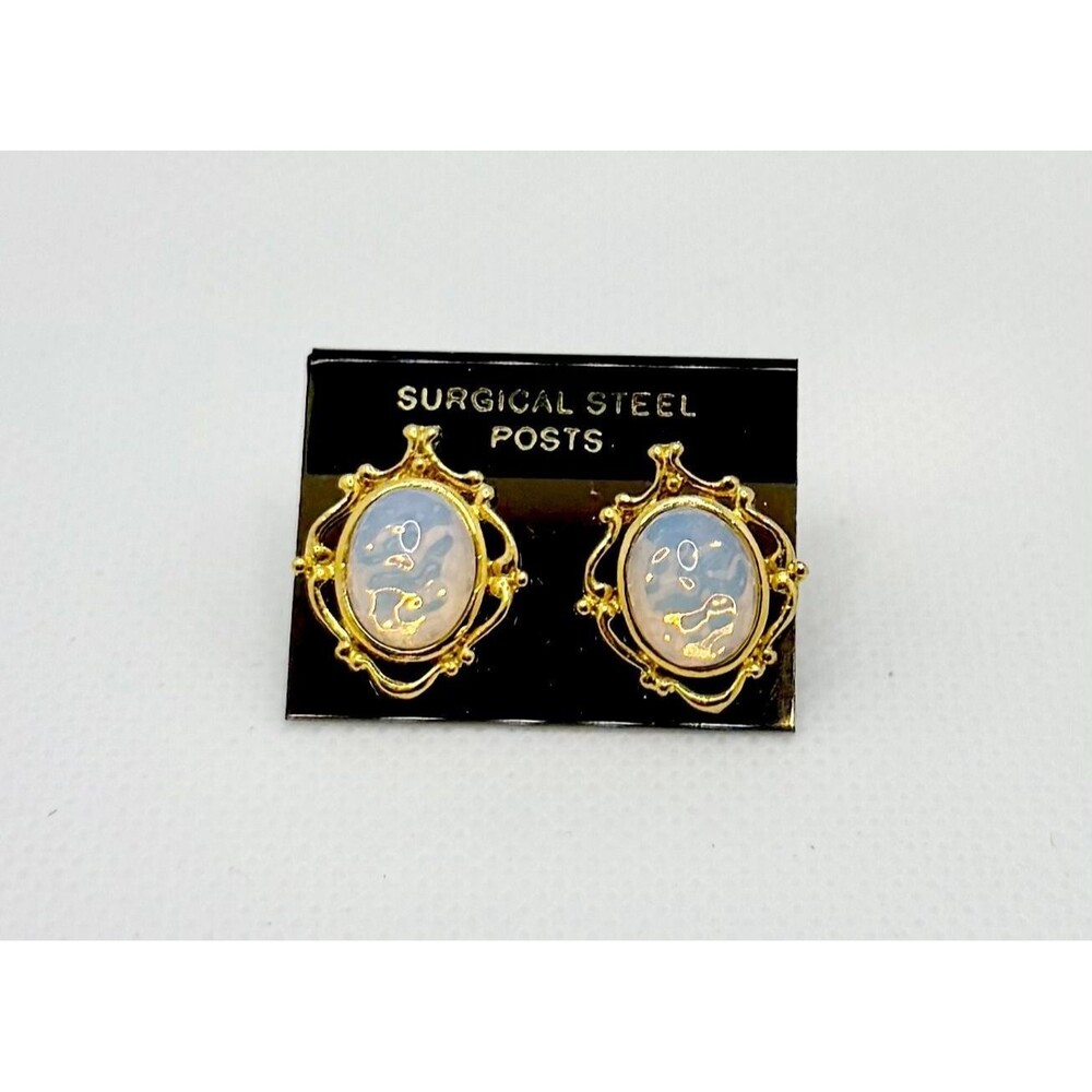 Vintage Gold-Tone Filigree Frame Earrings Oval Cabochons Surgical Steel Posts